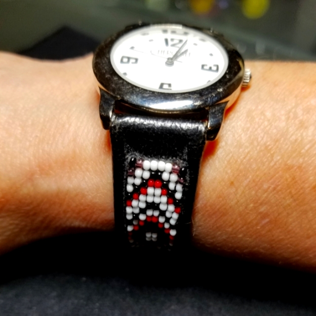 Vintage Cherokee Ladies Leather And Glass Multicolored Bead Watch